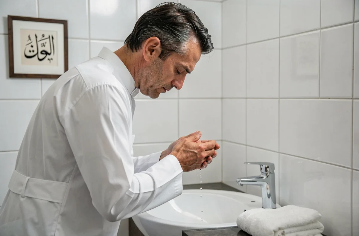 Homme musulman effectuant les ablutions avant le coucher, rituel spirituel avant le sommeil recommandé en Islam