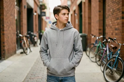 Adolescent de 16 ans en ville regardant au loin, symbolisant les changements et l'indépendance à l'adolescence