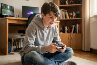 Adolescent concentré jouant aux jeux vidéo dans sa chambre, illustrant les avantages et inconvénients des jeux