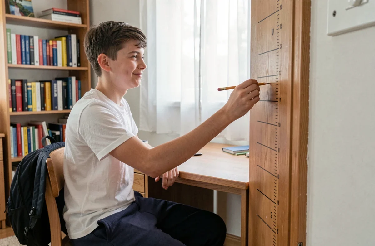 Un adolescent marque sa hauteur sur un cadre de porte, illustrant les différentes étapes de la croissance physique au fil des années