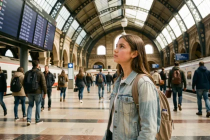 Jeune adolescente de 16 ans seule dans une grande gare européenne avec un sac à dos, regardant les panneaux de départ