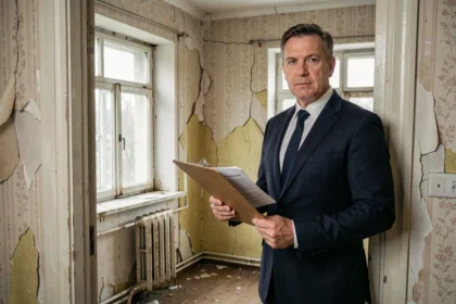 Agent immobilier devant un appartement vétuste interdit à la location en 2026 en raison de mauvaise isolation thermique