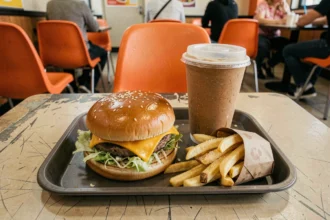 Plateau de fast food avec burger, frites et soda sur une table de restaurant, illustrant les aliments ultra-transformés néfastes pour la santé
