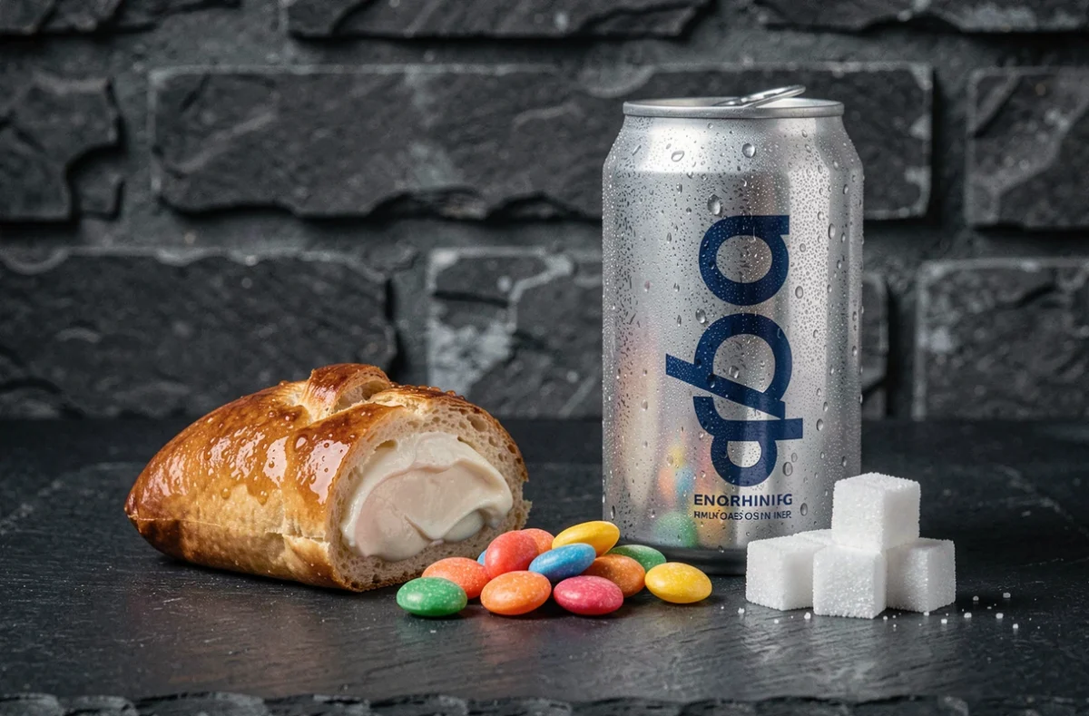 Gros plan sur des aliments ultra-transformés et sucrés disposés sur une ardoise sombre, dont des pâtisseries industrielles, des bonbons et une boisson énergisante