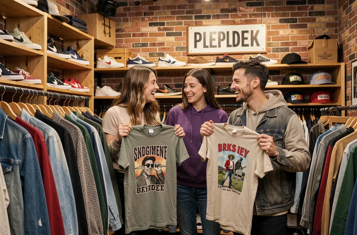 Groupe d'amis découvrant des vêtements streetwear vintage dans une boutique indépendante tendance