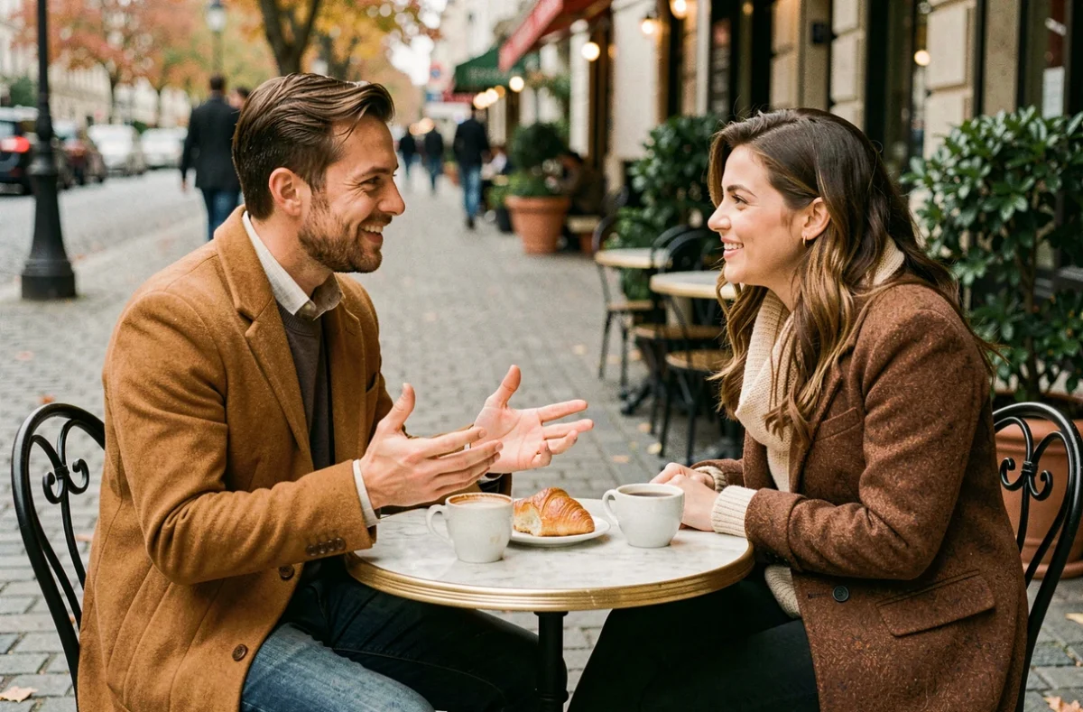 Deux amis en conversation animée à une terrasse de café avec un croissant sur la table, illustrant l'expression de la faim dans un contexte social