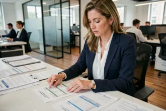 Femme professionnelle analysant des rapports de crédit et des documents financiers dans un bureau moderne, illustrant les techniques de contrôle de crédit en entreprise