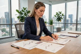Analyste financière étudiant les performances d'un ETF éthique dans un bureau moderne