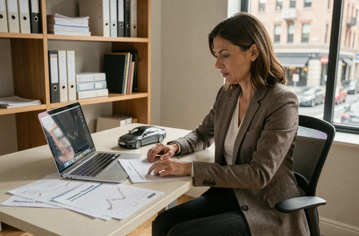 Femme analysant des données financières sur le secteur automobile depuis son bureau, avec des graphiques et un modèle de voiture miniature