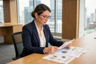 Femme analyste financière examinant des graphiques de classes d'actifs dans un bureau moderne