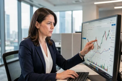 Analyste financière examinant des graphiques de performance de fonds éthiques sur un écran dans un bureau moderne