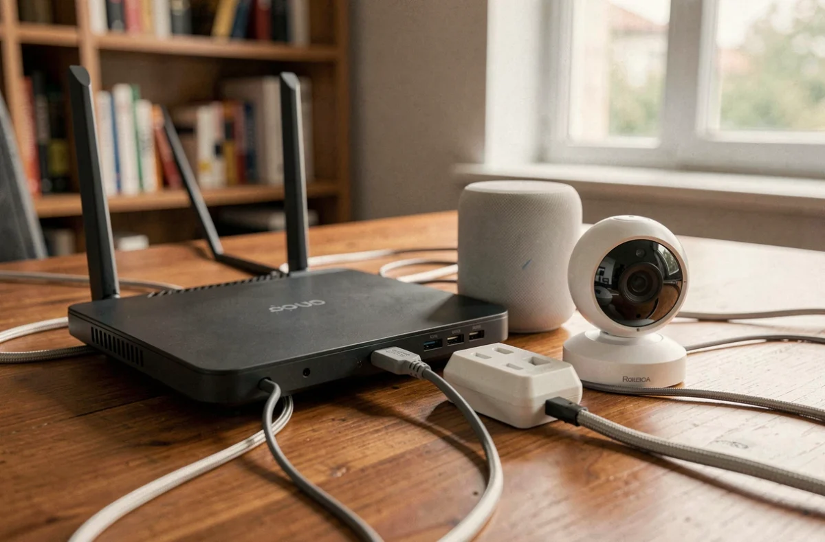 Ensemble d'appareils intelligents connectés sur un bureau exposant des risques de cybersécurité