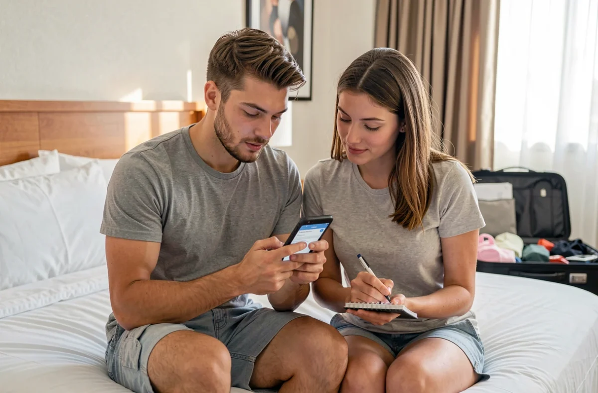 Couple consultant une application de partage de dépenses sur smartphone dans une chambre d'hôtel