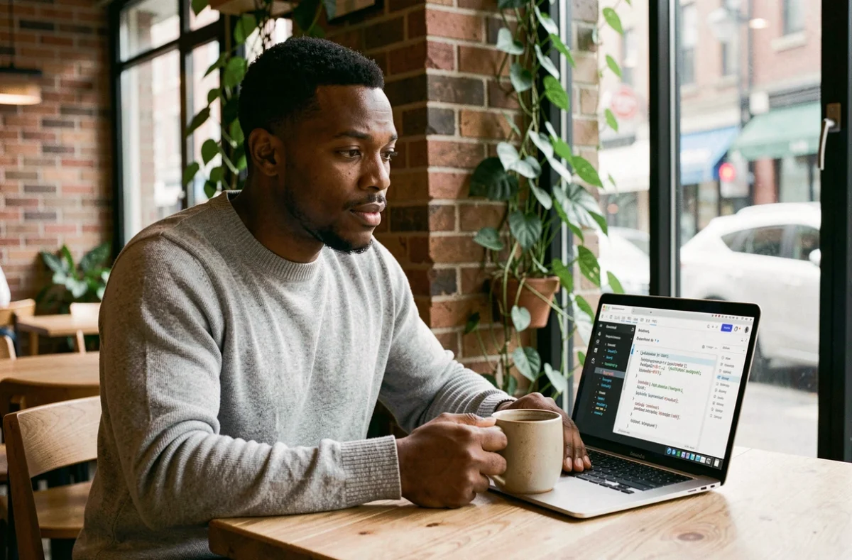 Jeune homme apprenant la fintech et le codage en ligne dans un café urbain avec un ordinateur portable