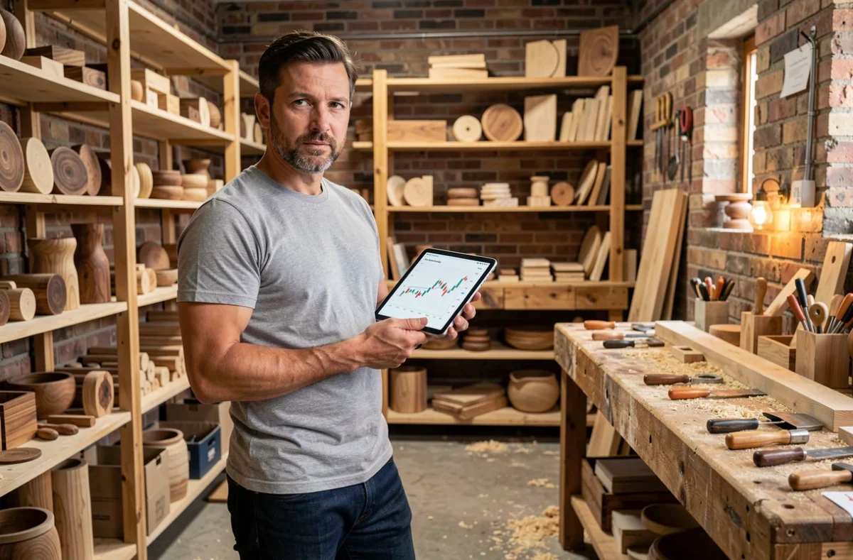 Artisan entrepreneur dans son atelier consultant des données financières sur tablette, pour illustrer un business lancé avec un budget de 20 000 euros