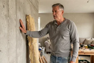Artisan évaluant la température d'un mur en béton dans une pièce en cours de rénovation