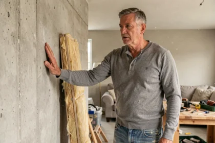 Artisan évaluant la température d'un mur en béton dans une pièce en cours de rénovation
