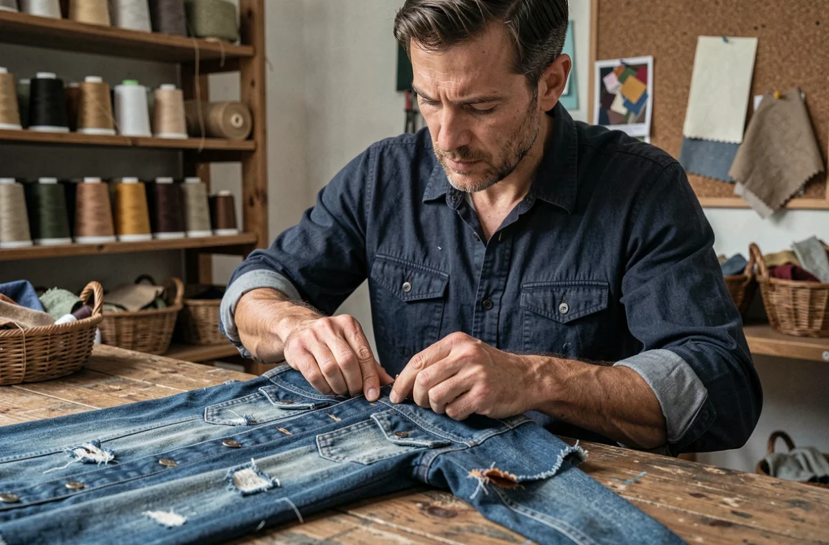 Artisan réparant une veste en denim recyclé dans un atelier de mode durable et upcycling