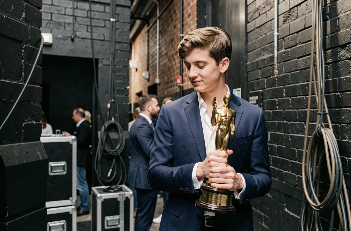 Jeune artiste masculin examinant son trophée de meilleur nouvel artiste en coulisses lors d'une soirée de remise de prix