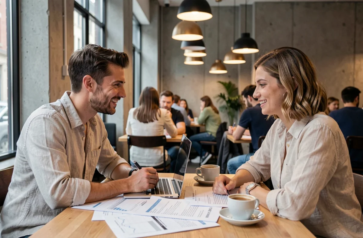 Deux associés discutant d'un projet de création d'entreprise dans un café avec des documents financiers, idéal pour illustrer un investissement de 20 000 euros