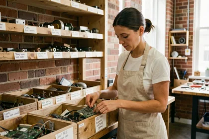 Femme triant des composants électroniques recyclés dans un atelier de réparation illustrant l'économie circulaire