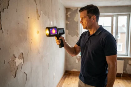 Auditeur énergétique utilisant une caméra thermique pour réaliser un bilan énergétique dans une maison résidentielle