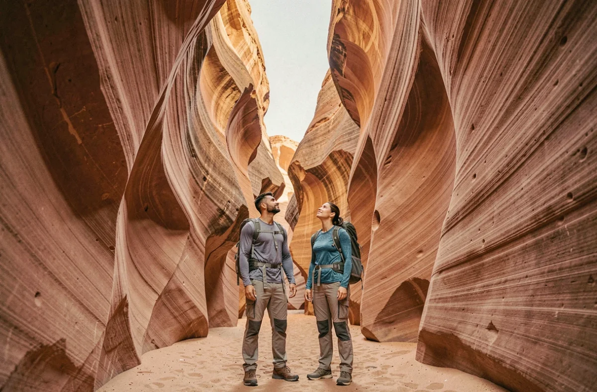 Deux randonneurs admirant les parois de grès d'un canyon étroit dans un paysage désertique aux teintes ocre