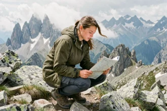 Randonneuse en montagne consultant une carte topographique sur un sommet rocheux avec des pics enneigés en arrière-plan