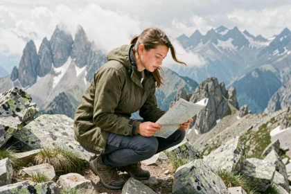 Randonneuse en montagne consultant une carte topographique sur un sommet rocheux avec des pics enneigés en arrière-plan