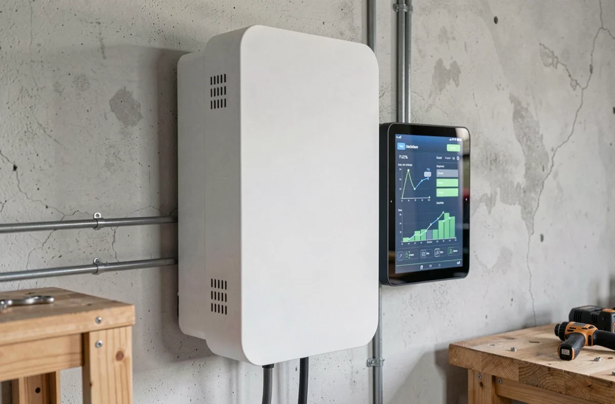 Batterie de stockage d'énergie solaire résidentielle installée dans un garage avec panneau d'affichage numérique