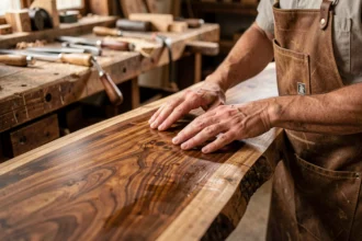 Mains d'un artisan ébéniste caressant une planche de noyer aux veines profondes et chatoyantes dans un atelier de menuiserie traditionnel