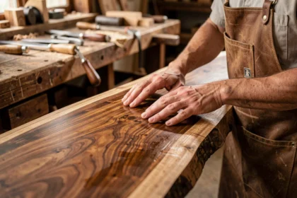 Mains d'un artisan ébéniste caressant une planche de noyer aux veines profondes et chatoyantes dans un atelier de menuiserie traditionnel