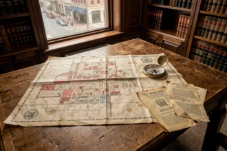Carte de zonage urbain américaine du début du XXe siècle avec délimitations manuscrites sur papier jauni, posée sur une table en chêne dans un bureau municipal historique