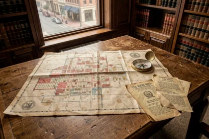 Carte de zonage urbain américaine du début du XXe siècle avec délimitations manuscrites sur papier jauni, posée sur une table en chêne dans un bureau municipal historique