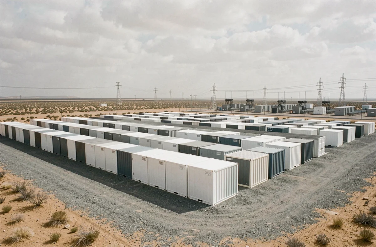 Installation de stockage d'électricité à grande échelle avec rangées de conteneurs de batteries dans un paysage semi-aride