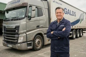 Chauffeur professionnel de poids lourd devant un camion articulé dans un dépôt de fret, illustrant le permis C pour la conduite de grands véhicules