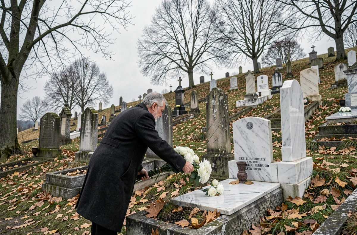 Cimetière rural avec stèles de différentes époques illustrant l'évolution de la mortalité dans la transition démographique