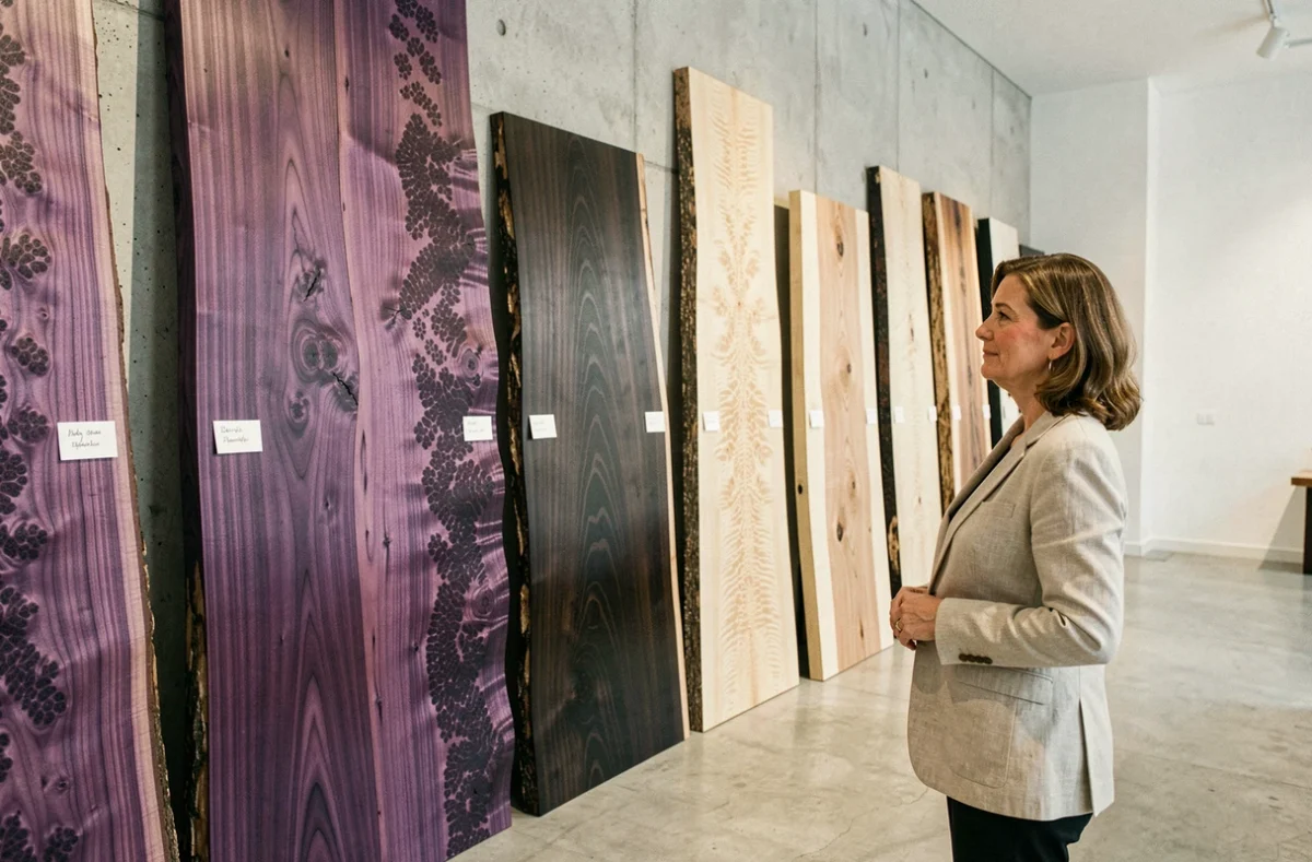 Femme admirant une collection de plateaux en bois exotiques — bois violet, ébène et érable moucheté — dans une galerie de bois précieux contemporaine