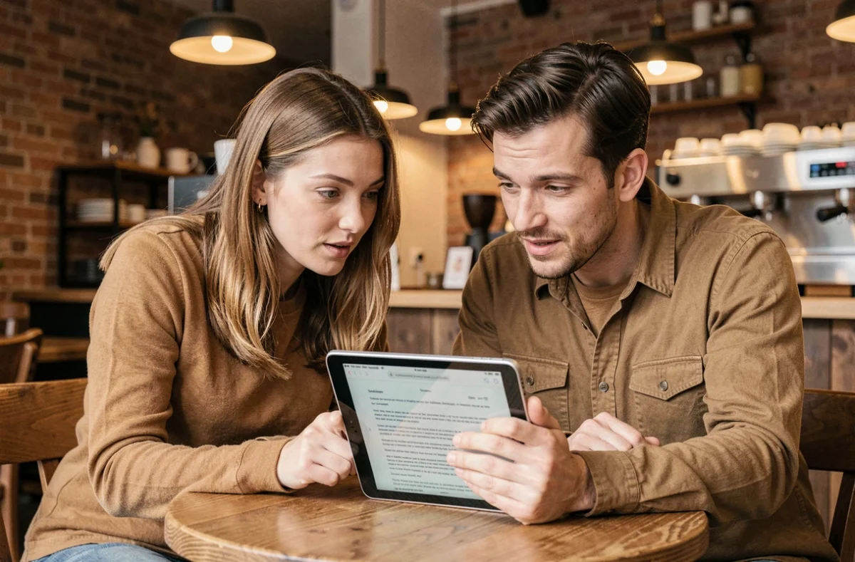 Deux collègues discutant d'une traduction sur une tablette dans un café urbain
