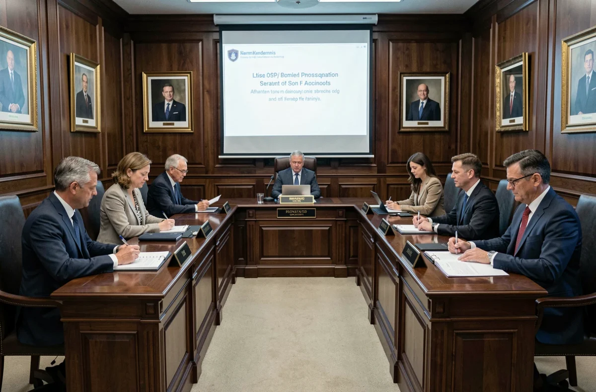 Sept membres d'un comité formel réunis en formation en fer à cheval dans une salle de conseil institutionnelle