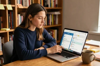 Jeune femme comparant DeepL et Google Traduction sur un ordinateur portable dans un bureau à domicile