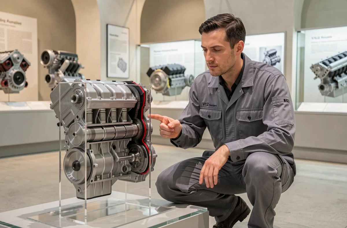 Ingénieur automobile comparant deux modèles en coupe d'un moteur V8 et d'un moteur V12 dans une exposition technique