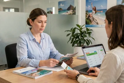 Une femme compare les prix de voyages avec une agence de voyage en consultant des brochures et un ordinateur portable