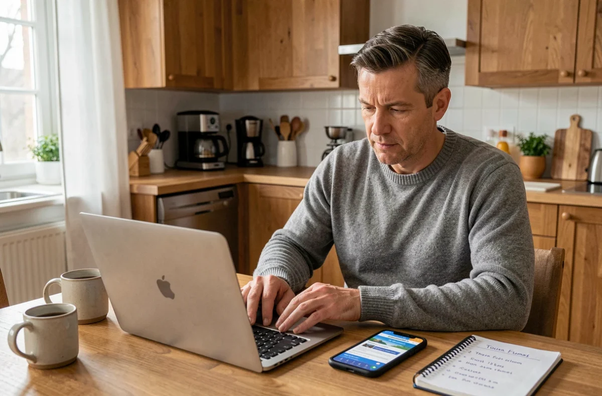 Un homme compare les tarifs de voyage en ligne entre une agence et des sites de réservation directs depuis chez lui