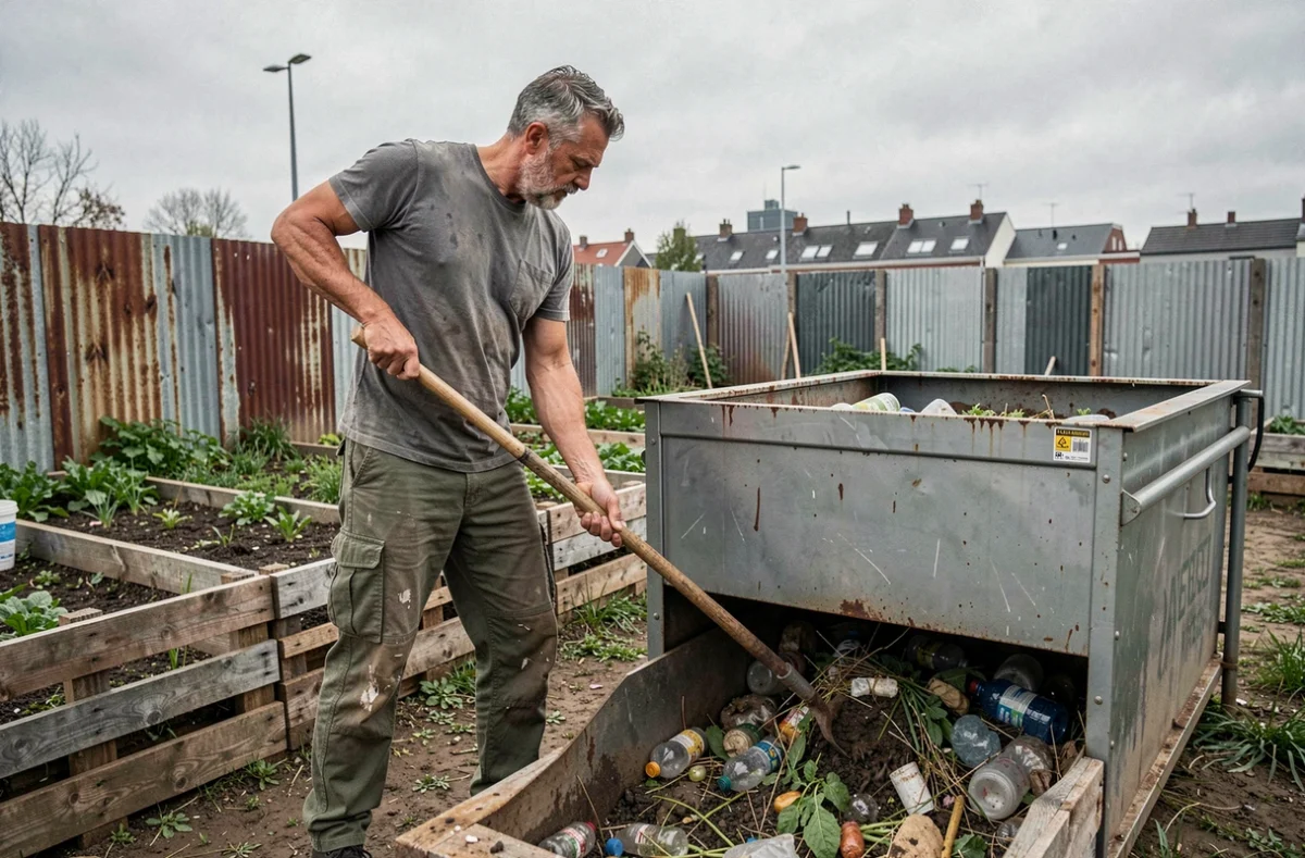 Homme gérant un composteur urbain dans une ferme circulaire illustrant la valorisation des déchets organiques