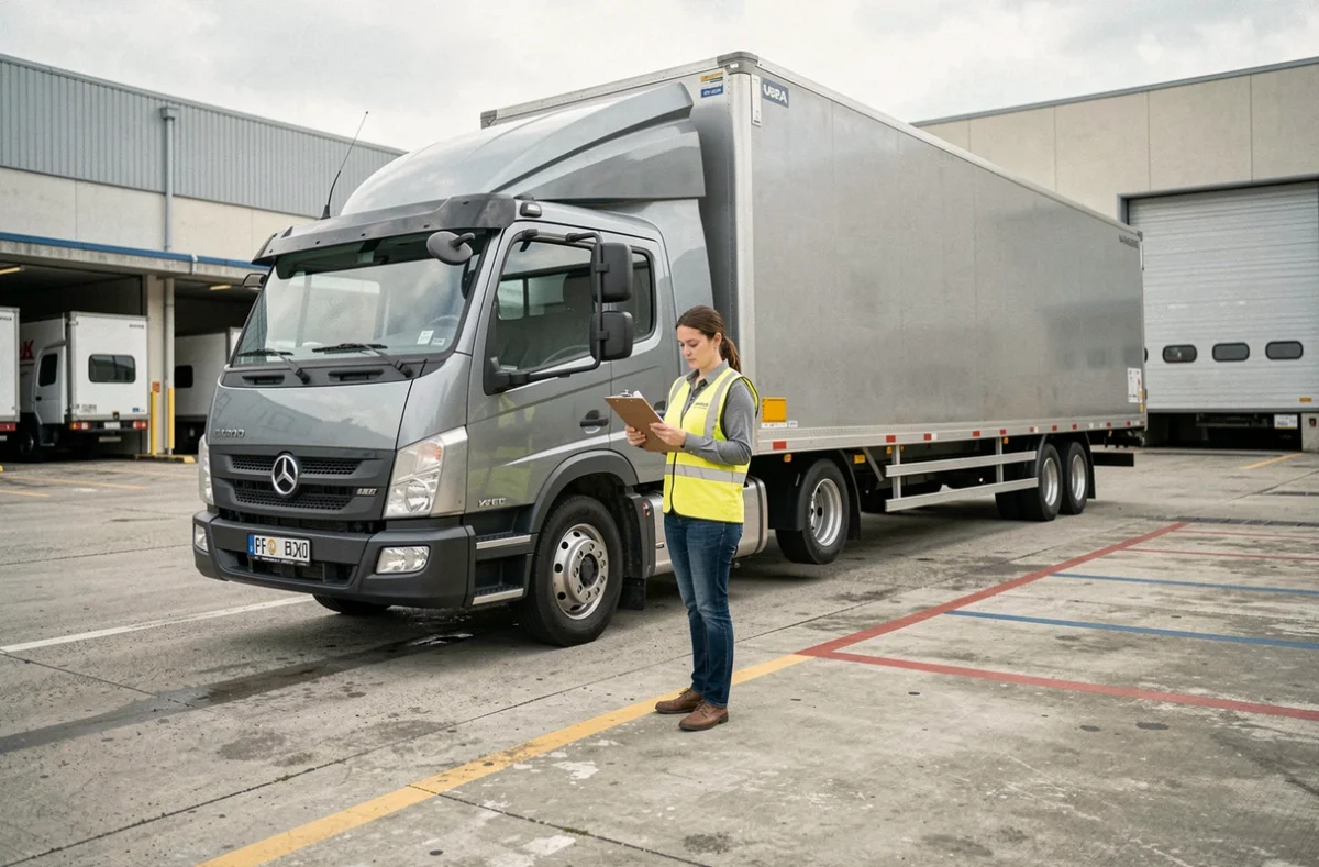 Femme conductrice de camion avec remorque légère dans un centre logistique, représentant le permis C1E pour véhicules avec remorque de taille intermédiaire