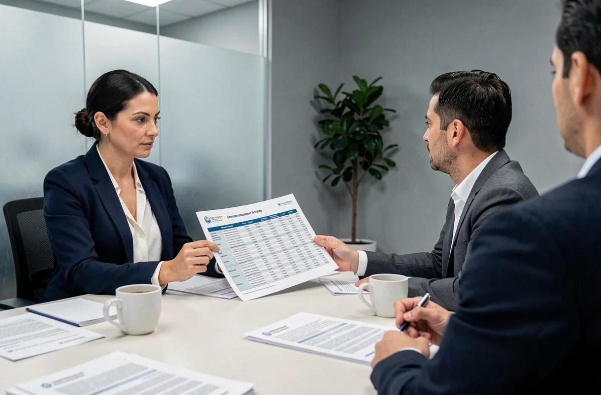 Femme consultant un conseiller financier pour comprendre le rendement net d'une SCPI en salle de réunion bancaire