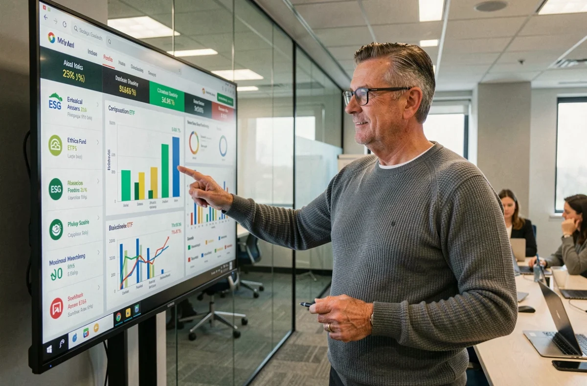 Conseiller en investissement présentant un tableau de bord ESG d'ETF éthiques lors d'une réunion