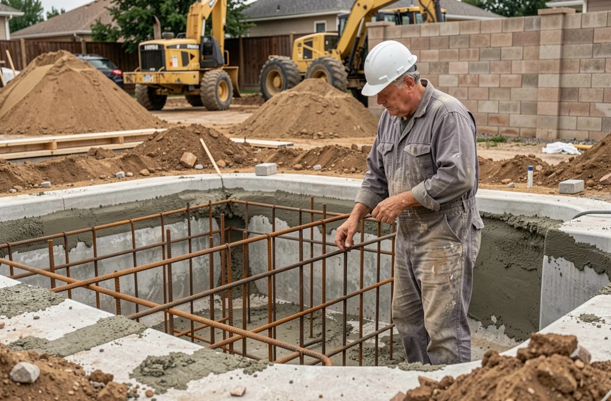 Chantier de construction d'une piscine en béton gunite avec ferraillage apparent et ouvrier inspectant l'armature