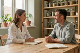 Consultation naturopathique entre une praticienne et son patient dans un cabinet aux herbes médicinales